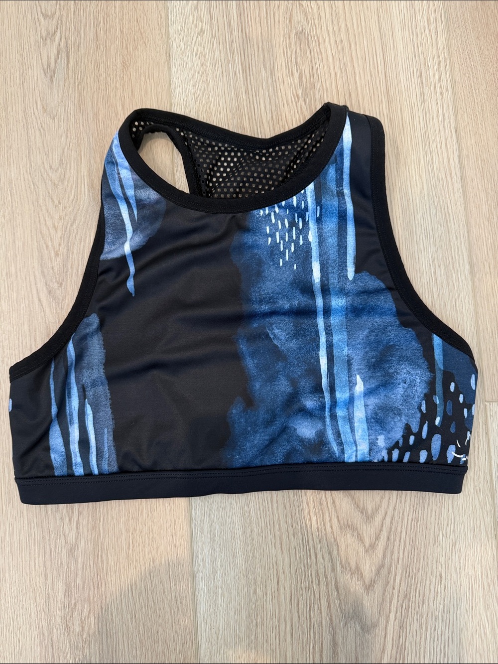 Beyond Yoga Black Sports Bra with Blue Abstract Print